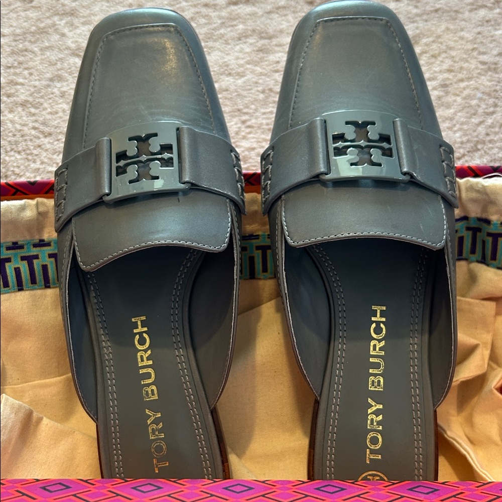 Tory Burch Blue Gray Leather Logo Slip-On Loafers
